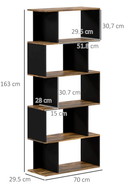 HOMCOM Libreria Moderna Asimmetrica a Parete con 5 Ripiani in Legno, 70x29.5x163cm, Marrone Rustico|Aosom