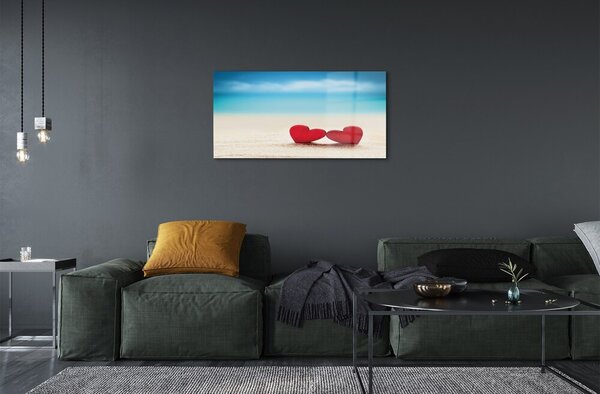 Quadro di vetro Cuori di sabbia rossa del mare 100x50 cm 2 appendini