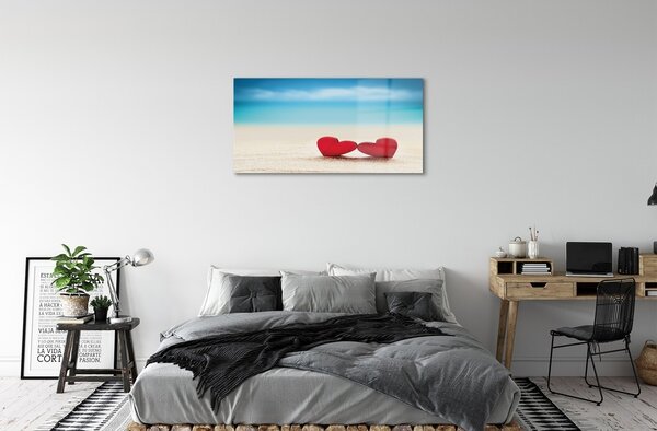 Quadro di vetro Cuori di sabbia rossa del mare 100x50 cm 2 appendini