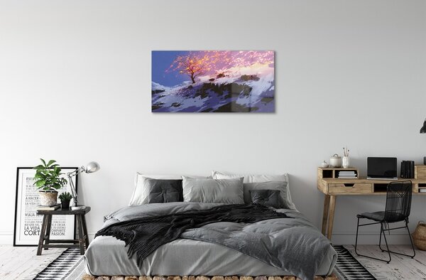 Quadro su vetro Montagne di alberi d'inverno 100x50 cm 2 appendini