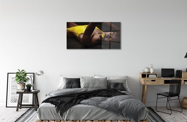 Quadro in vetro Labbra gialle femminili 100x50 cm 2 appendini