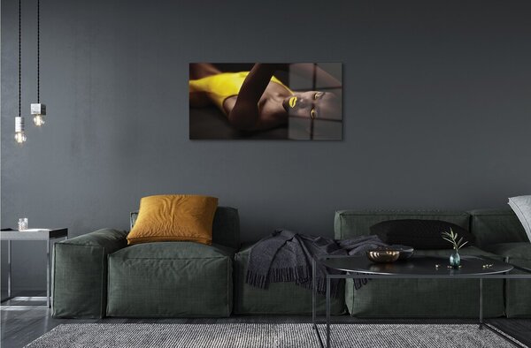Quadro in vetro Labbra gialle femminili 100x50 cm 2 appendini