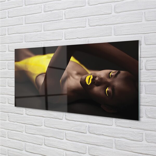 Quadro in vetro Labbra gialle femminili 100x50 cm 2 appendini