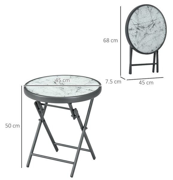 Outsunny Tavolino da Caffè per Giardino Pieghevole con Piano in Vetro Effetto Marmo, Ø45x50cm, Grigio|Aosom