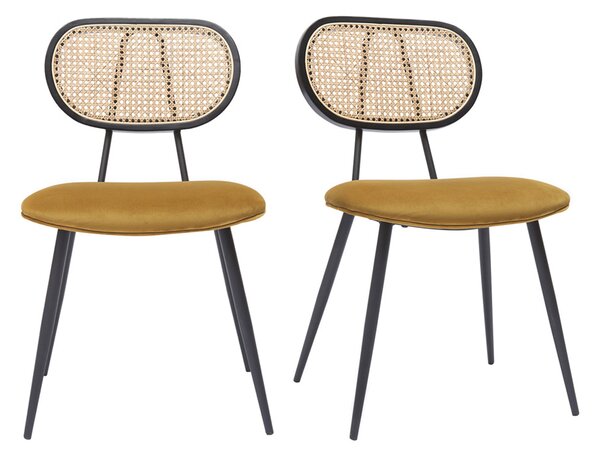 Sedie design in tessuto velluto bronzo, metallo nero e motivo a intreccio rattan naturale (set di 2) TOLMA