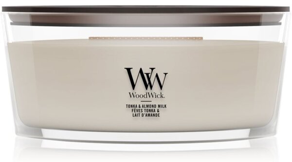 Woodwick Tonka & Almond Milk candela profumata con stoppino in legno 453.6 g