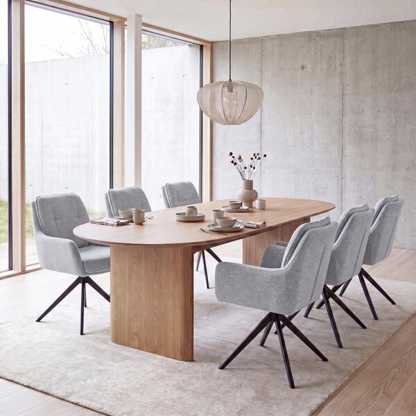 Set di 6 sedie da pranzo HWC-Q37, sedia girevole per cucina con sistema di ritorno automatico, rivestita in tessuto (680g/m²) tipo chenille, certificata Öko-Tex, struttura in metallo MVG, colore grigio chiaro