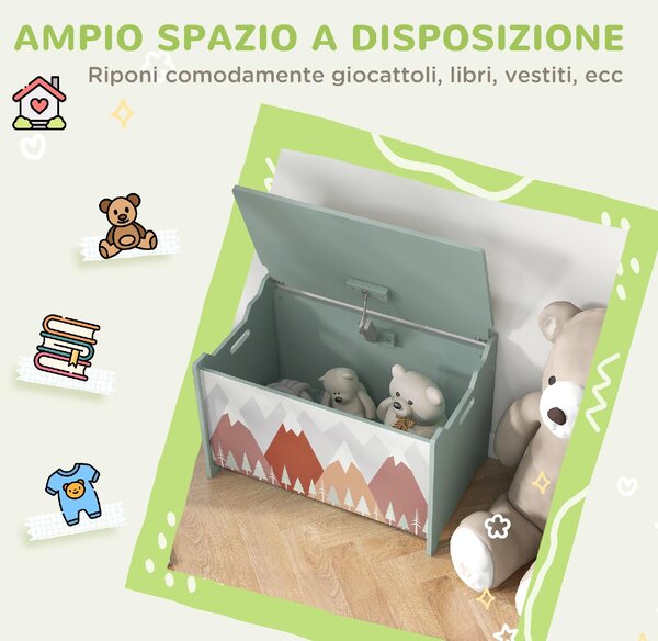 DecHome Baule Portagiochi per Bambini con Coperchio e Cerniera di Sicurezza in MDF 60x37x39 cm colore Verde