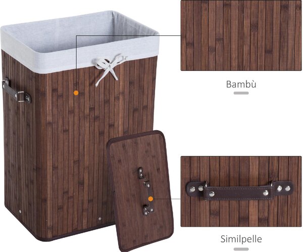 DecHome Cesto Portabiancheria in Bamb con Coperchio e Fodera Rimovibile 40x30x60 cm colore Marrone - 017BN8