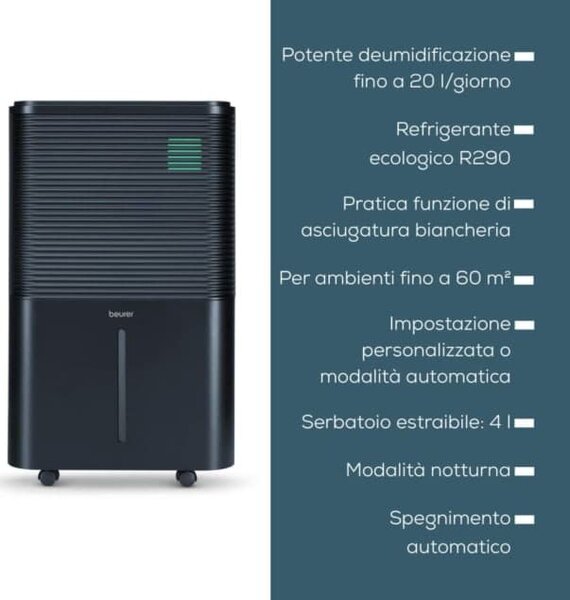 Beurer Deumidificatore Portatile per la casa muffa 20 Litri in 24 Ore Tanica 4 Litri con Timer colore Nero - LE 250