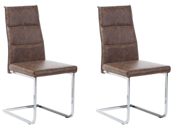 Set di 2 sedie da pranzo in ecopelle marrone imbottite a sbalzo gambe  argento senza braccioli design vintage Beliani