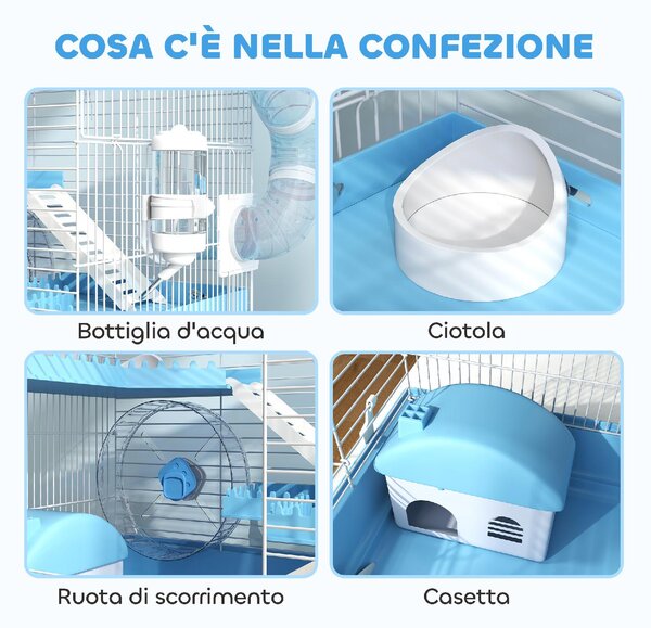 AllMyPets Gabbia per Criceti a 3 Piani con Casetta Ruota Ciotola per Cibo Bottiglia e Tubi colore Azzurro - K637LB