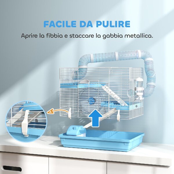 AllMyPets Gabbia per Criceti a 3 Piani con Casetta Ruota Ciotola per Cibo Bottiglia e Tubi colore Azzurro - K637LB