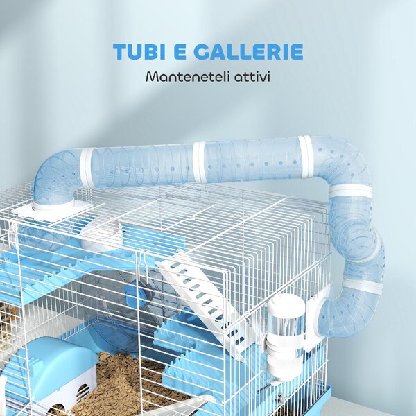 AllMyPets Gabbia per Criceti a 3 Piani con Casetta Ruota Ciotola per Cibo Bottiglia e Tubi colore Azzurro - K637LB