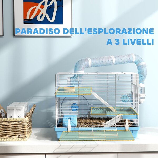 AllMyPets Gabbia per Criceti a 3 Piani con Casetta Ruota Ciotola per Cibo Bottiglia e Tubi colore Azzurro - K637LB