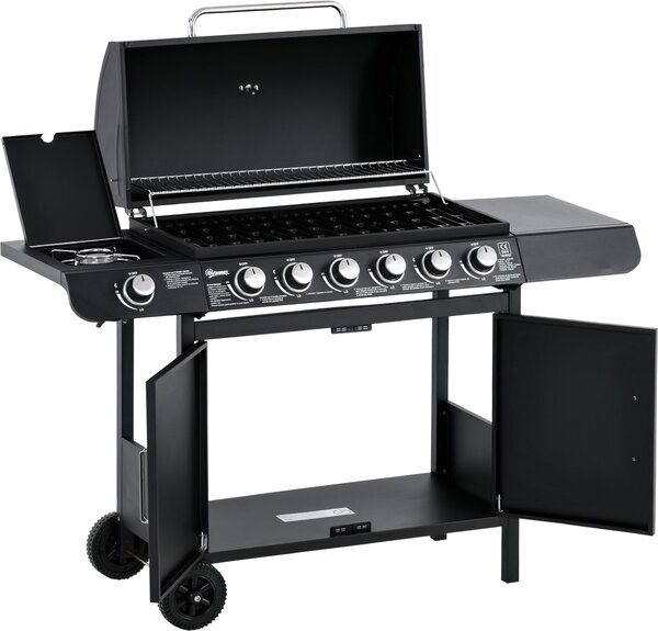 Griglia a gas con 7 bruciatori, inclusa una termometro, griglia per barbecue, griglia portatile, colore nero