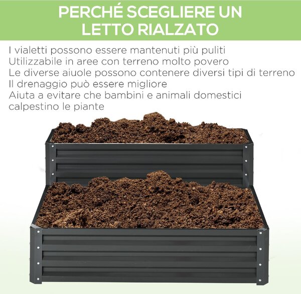 VivaGarden Letto per Orto a 2 Livelli in Acciaio con Fondo Aperto 120x101x58cm Grigio Scuro
