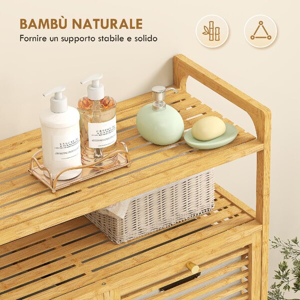 DecHome Mobile Portabiancheria con 2 Cesti da 41L e 2 Ripiani, in Bamb e Poliestere, 82x33x88 cm, colore Legno/Crema