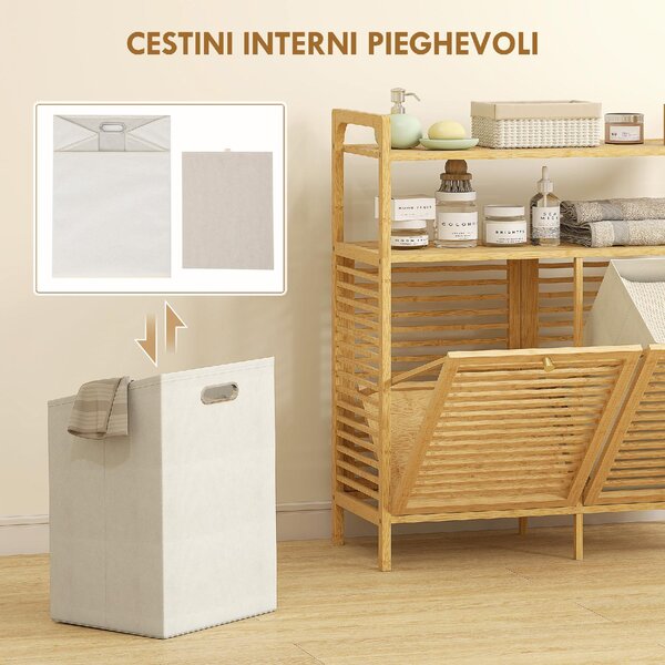 DecHome Mobile Portabiancheria con 2 Cesti da 41L e 2 Ripiani, in Bamb e Poliestere, 82x33x88 cm, colore Legno/Crema