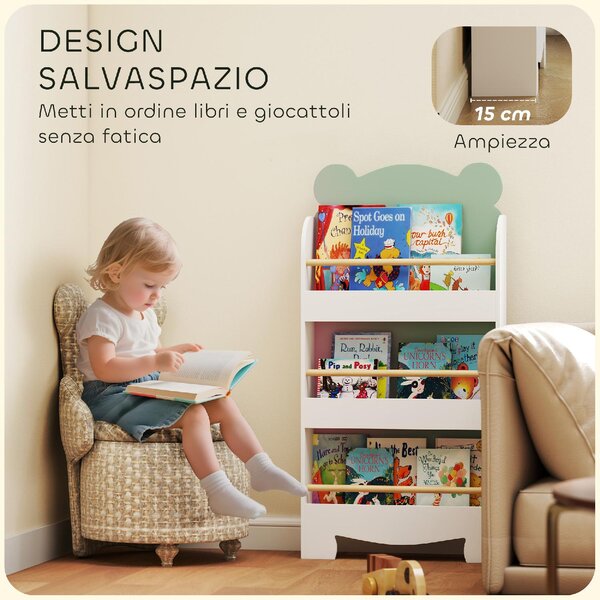 DecHome Libreria per Bambini con 3 Ripiani a Forma di Orsetto con Barriere Frontali 55x15x110 cm colore Verde