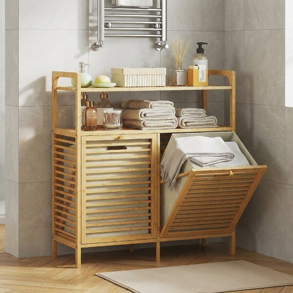 DecHome Mobile Portabiancheria con 2 Cesti da 41L e 2 Ripiani, in Bamb e Poliestere, 82x33x88 cm, colore Legno/Crema