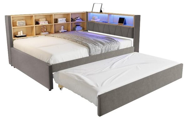 Divano letto 140x200 cm con letto estraibile 90x190 cm, illuminazione LED, prese USB, Type C e presa di corrente, numerosi scomparti portaoggetti, tessuto in flanella, colore grigio scuro