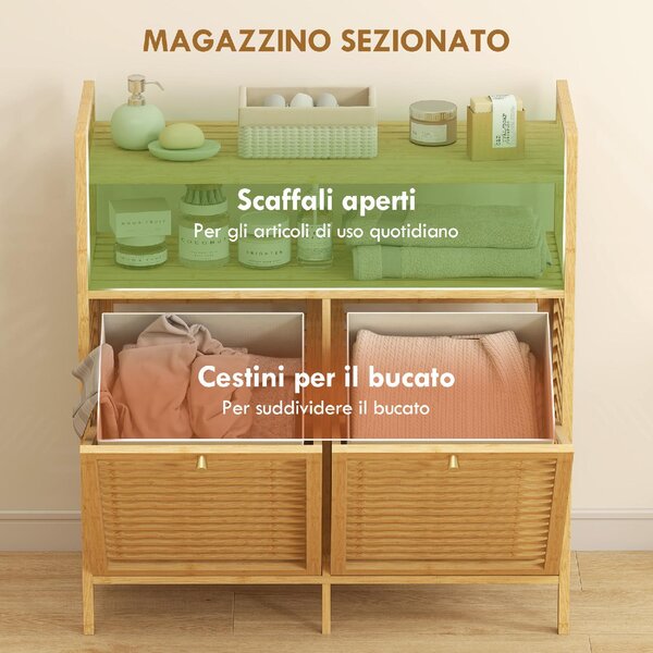 DecHome Mobile Portabiancheria con 2 Cesti da 41L e 2 Ripiani, in Bamb e Poliestere, 82x33x88 cm, colore Legno/Crema