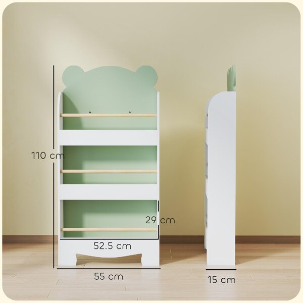 DecHome Libreria per Bambini con 3 Ripiani a Forma di Orsetto con Barriere Frontali 55x15x110 cm colore Verde