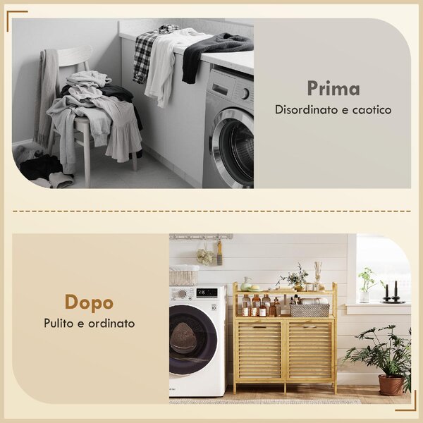 DecHome Mobile Portabiancheria con 2 Cesti da 41L e 2 Ripiani, in Bamb e Poliestere, 82x33x88 cm, colore Legno/Crema