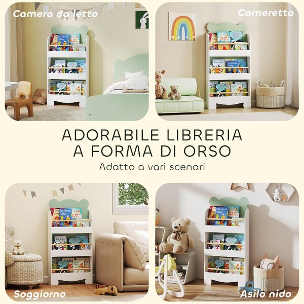 DecHome Libreria per Bambini con 3 Ripiani a Forma di Orsetto con Barriere Frontali 55x15x110 cm colore Verde