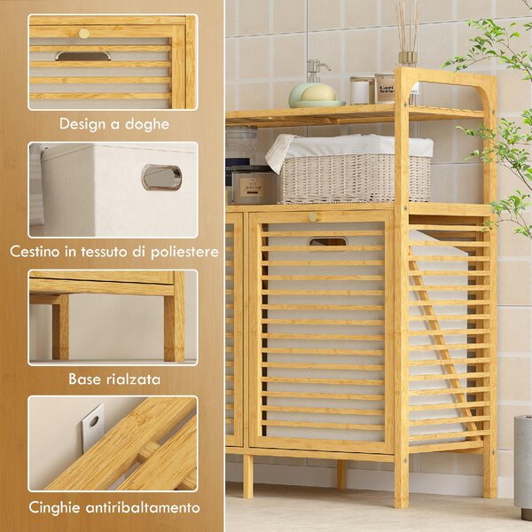 DecHome Mobile Portabiancheria con 2 Cesti da 41L e 2 Ripiani, in Bamb e Poliestere, 82x33x88 cm, colore Legno/Crema