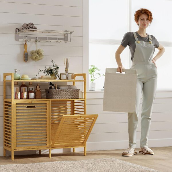 DecHome Mobile Portabiancheria con 2 Cesti da 41L e 2 Ripiani, in Bamb e Poliestere, 82x33x88 cm, colore Legno/Crema