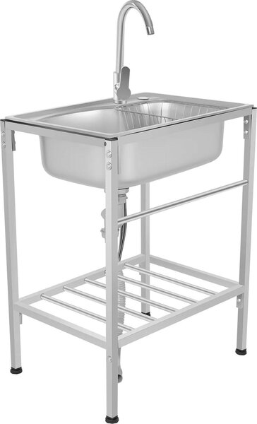 Lavello in acciaio inossidabile – Lavello singolo autoportante per uso commerciale – Acciaio inossidabile 304 – Adatto per cucine e ristoranti – Dotato di rubinetto per acqua fredda e calda – Scarico a forma di "V" – Colore argento