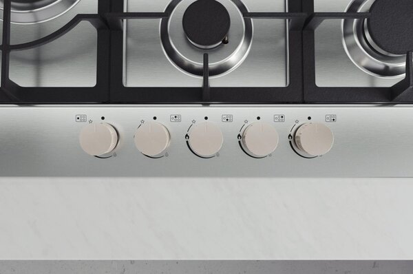Lg Piano Cottura 5 Fuochi a Gas Larghezza 75 cm (1 Bruciatore Tripla Corona) Griglie in Ghisa colore Acciaio Inox - CBGZ3016S