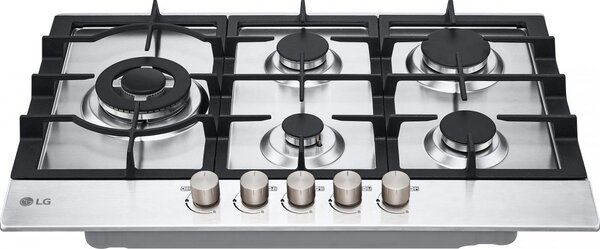 Lg Piano Cottura 5 Fuochi a Gas Larghezza 75 cm (1 Bruciatore Tripla Corona) Griglie in Ghisa colore Acciaio Inox - CBGZ3016S