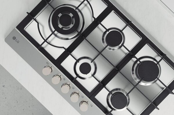 Lg Piano Cottura 5 Fuochi a Gas Larghezza 75 cm (1 Bruciatore Tripla Corona) Griglie in Ghisa colore Acciaio Inox - CBGZ3016S