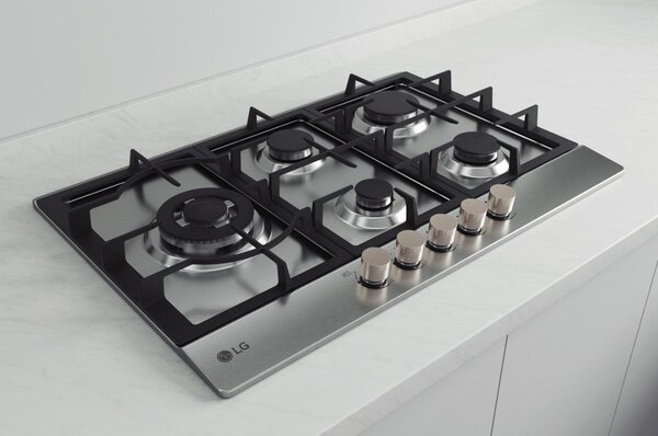 Lg Piano Cottura 5 Fuochi a Gas Larghezza 75 cm (1 Bruciatore Tripla Corona) Griglie in Ghisa colore Acciaio Inox - CBGZ3016S