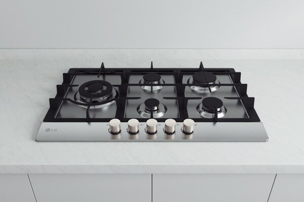 Lg Piano Cottura 5 Fuochi a Gas Larghezza 75 cm (1 Bruciatore Tripla Corona) Griglie in Ghisa colore Acciaio Inox - CBGZ3016S