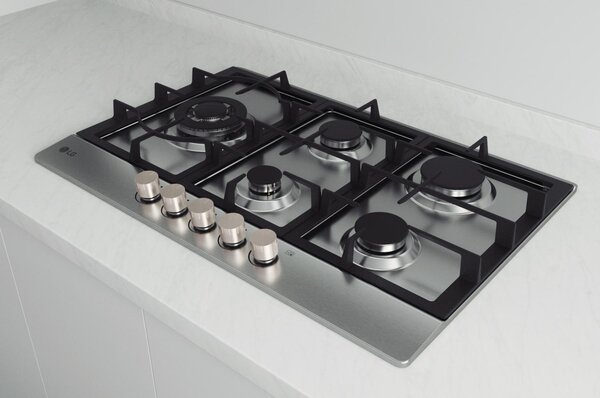 Lg Piano Cottura 5 Fuochi a Gas Larghezza 75 cm (1 Bruciatore Tripla Corona) Griglie in Ghisa colore Acciaio Inox - CBGZ3016S