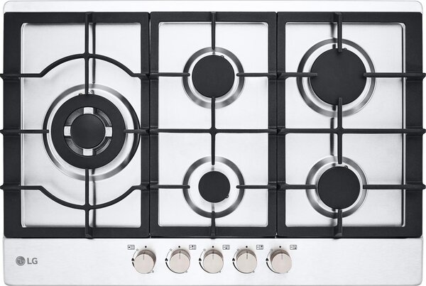 Lg Piano Cottura 5 Fuochi a Gas Larghezza 75 cm (1 Bruciatore Tripla Corona) Griglie in Ghisa colore Acciaio Inox - CBGZ3016S