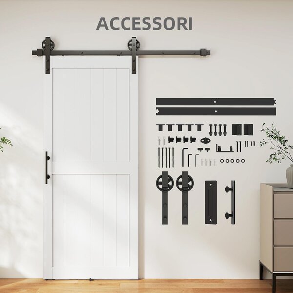 Brugel Porta Scorrevole in Stile Country con Binario e Maniglia in Legno e Acciaio 183x0.6x4 cm colore Bianco/Nero - F937WT