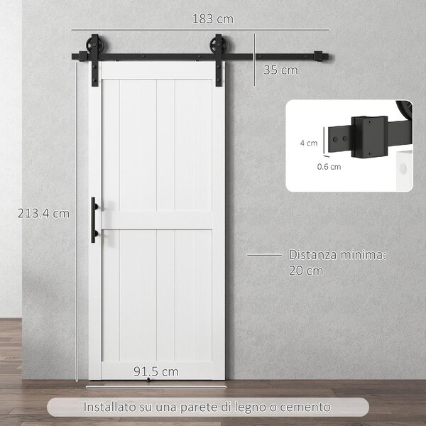 Brugel Porta Scorrevole in Stile Country con Binario e Maniglia in Legno e Acciaio 183x0.6x4 cm colore Bianco/Nero - F937WT