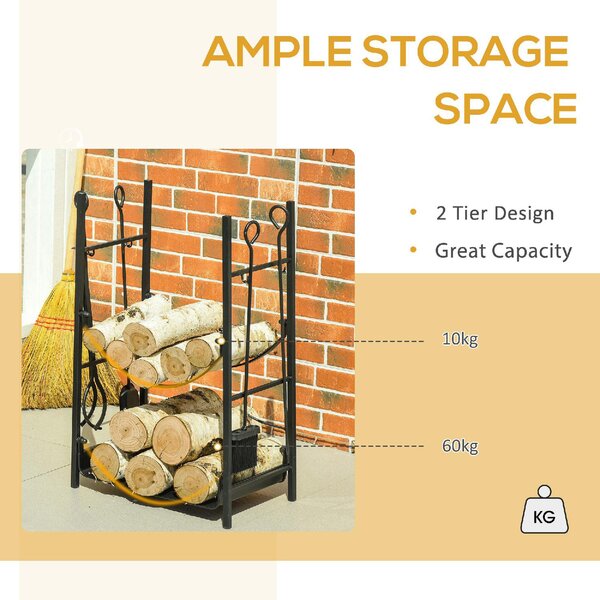 DecHome Portalegna da Interno ed Esterno in Metallo con Paletta Scopa Attizzatoio e Pinza Nero