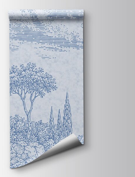 Carta da parati Disegno in blu e bianco raffigurante un lago e degli alberi, Carta da parati Natura, Carta da parati popolare, t00765 - Tapeko.it