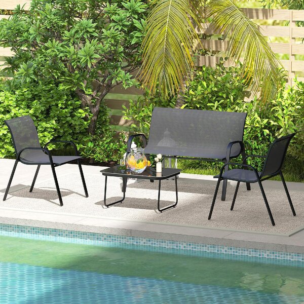 VivaGarden Salotto da Giardino con Divano 2 Posti 2 Poltrone e Tavolino in Acciaio/Textilene colore Nero