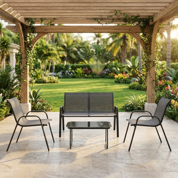VivaGarden Salotto da Giardino con Divano 2 Posti 2 Poltrone e Tavolino in Acciaio/Textilene colore Nero