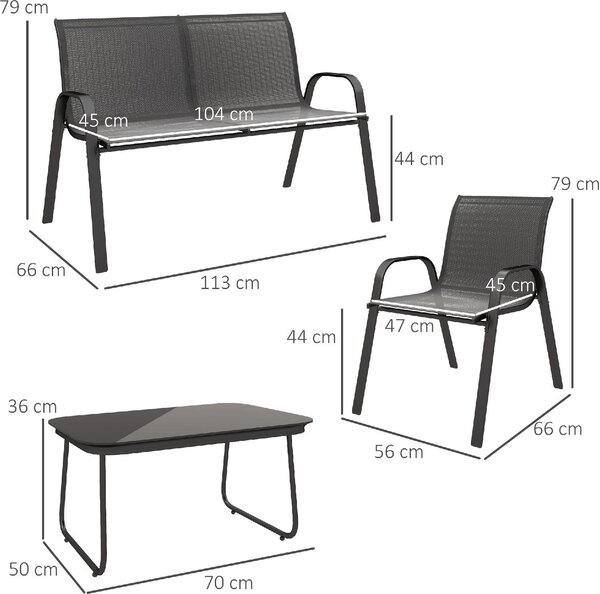VivaGarden Salotto da Giardino con Divano 2 Posti 2 Poltrone e Tavolino in Acciaio/Textilene colore Nero