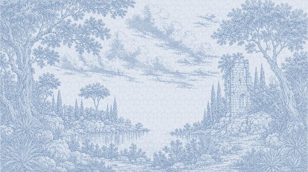 Carta da parati Disegno in blu e bianco raffigurante un lago e degli alberi, Carta da parati Natura, Carta da parati popolare, t00765 - Tapeko.it