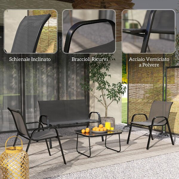 VivaGarden Salotto da Giardino con Divano 2 Posti 2 Poltrone e Tavolino in Acciaio/Textilene colore Nero