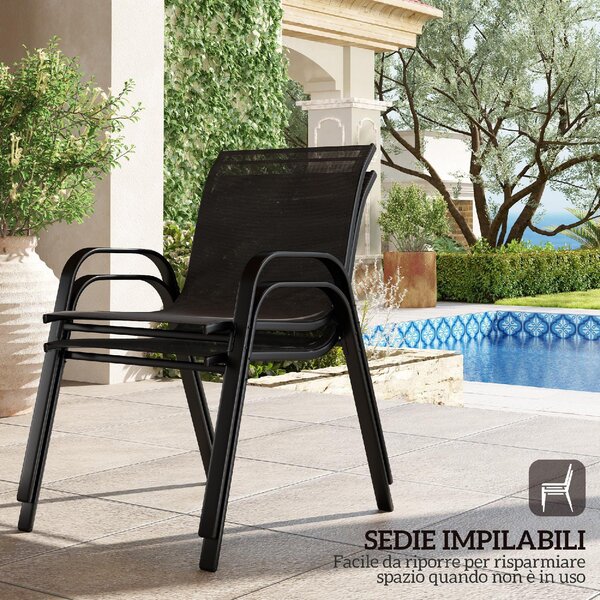 VivaGarden Salotto da Giardino con Divano 2 Posti 2 Poltrone e Tavolino in Acciaio/Textilene colore Nero